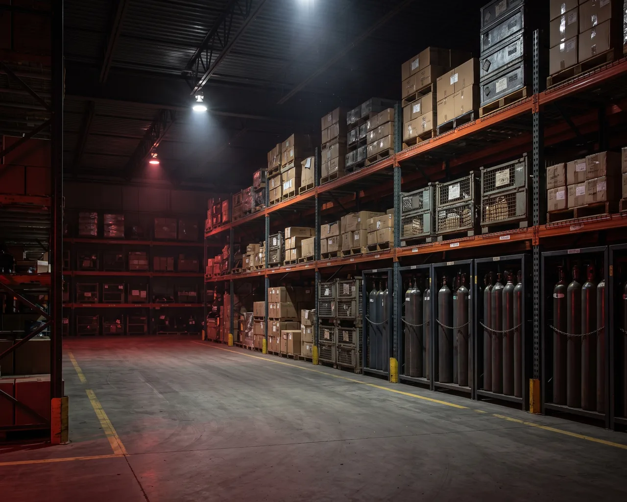Almacén de distribución regional con estanterías de equipos de soldadura — render de escena